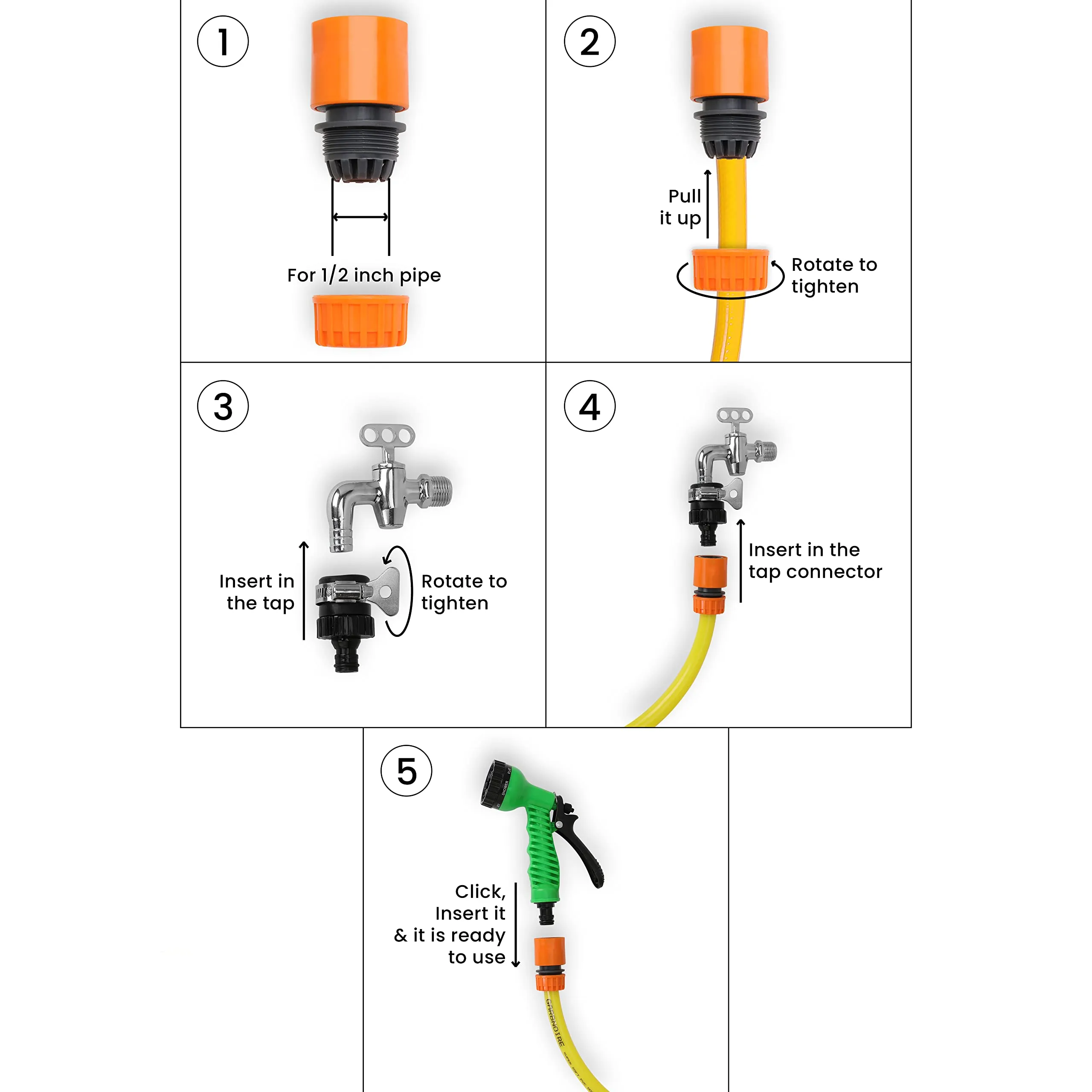 Garbnoire Garden Water Hose Accessories 1/2" Tap Adapter(2) & 1/2" Quick Connector(4) For Gardening, Flower, Plants, Bike Wash Equipment | Multi-Functional Cleaning, Showering Pet & Washing Cars (Set of 6)