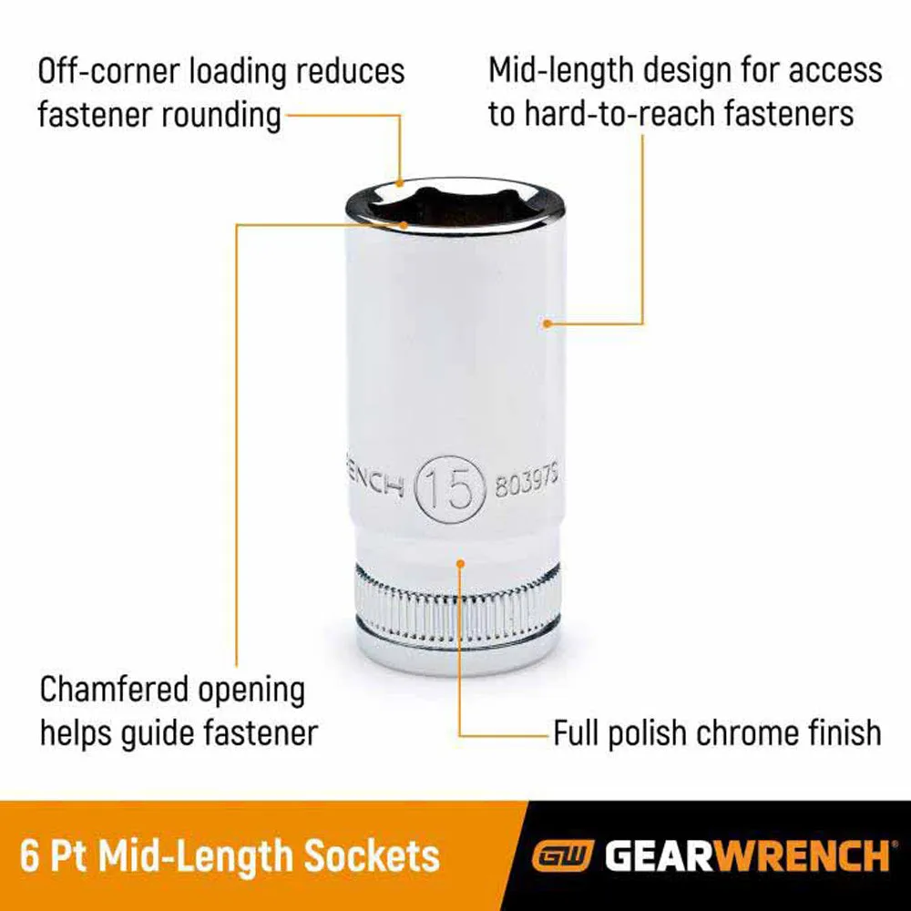 GearWrench 80554S-06 14 Piece 3/8" Drive 6 Point Mid Length Metric Socket Set