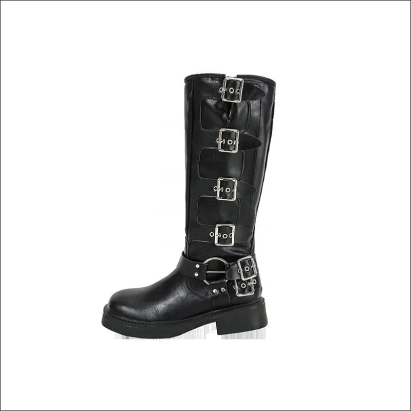 Genuine Leather Chunky Heel Belt Buckle Knight Boots for Adventurers