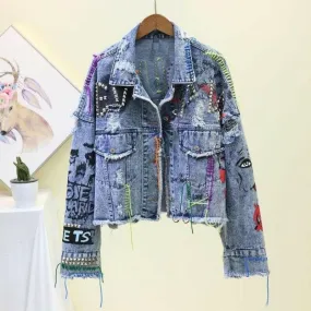 Graffiti Denim Short Jacket with Raw Edge Cut and Tassels