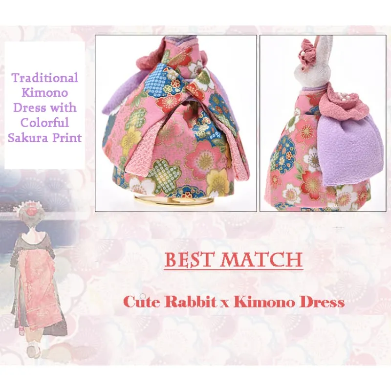 Handmade Japanese Kimono Rabbit Music Box - Simple Pink Sakura