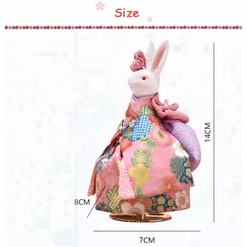 Handmade Japanese Kimono Rabbit Music Box - Simple Pink Sakura