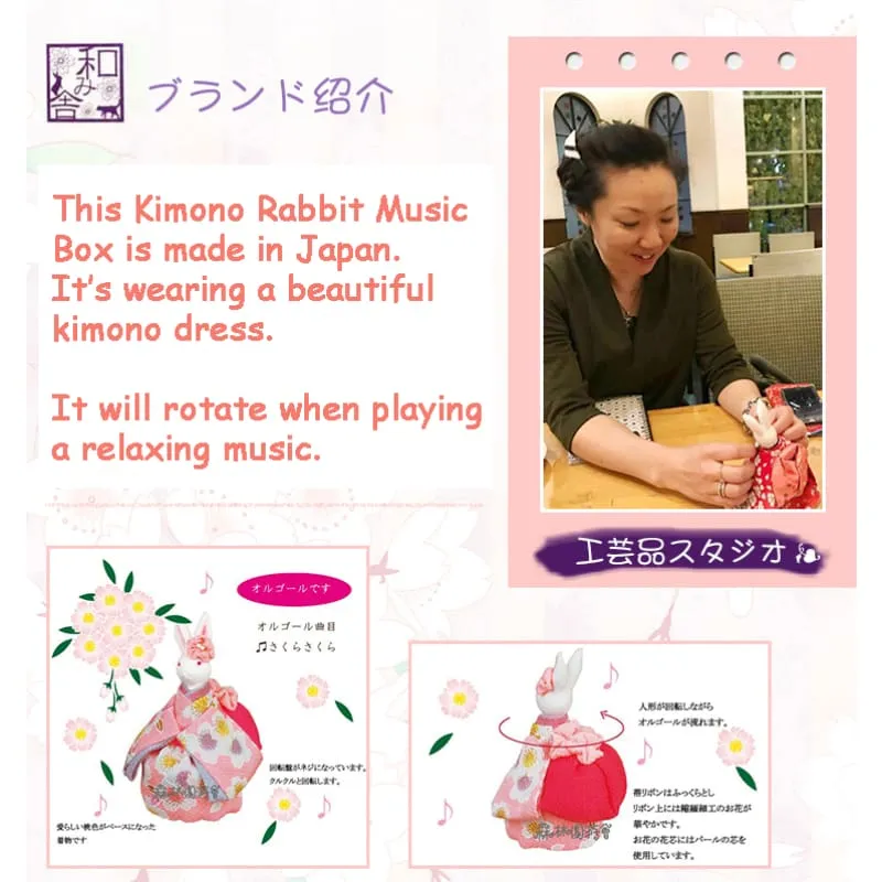 Handmade Japanese Kimono Rabbit Music Box - Simple Pink Sakura