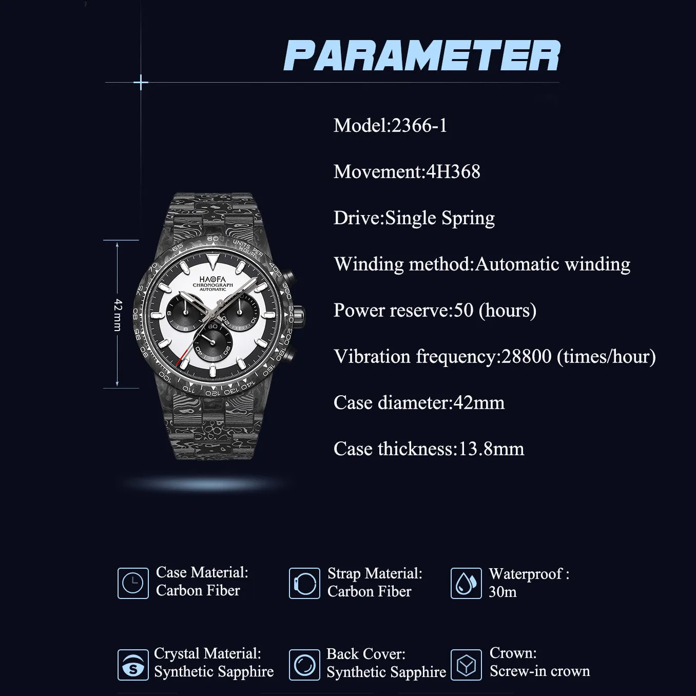 HAOFA 2366-1 Full Carbon Fiber Automatic Chronograph Movement Screw-in crown Watch