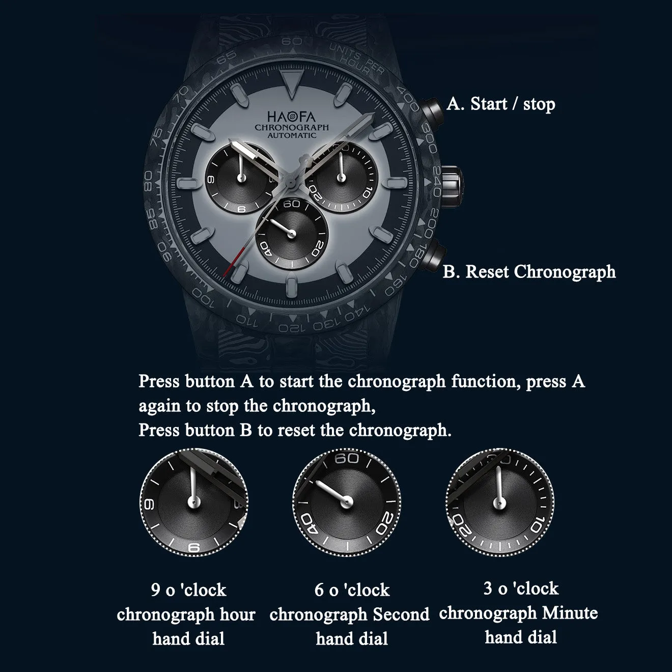 HAOFA 2366-1 Full Carbon Fiber Automatic Chronograph Movement Screw-in crown Watch