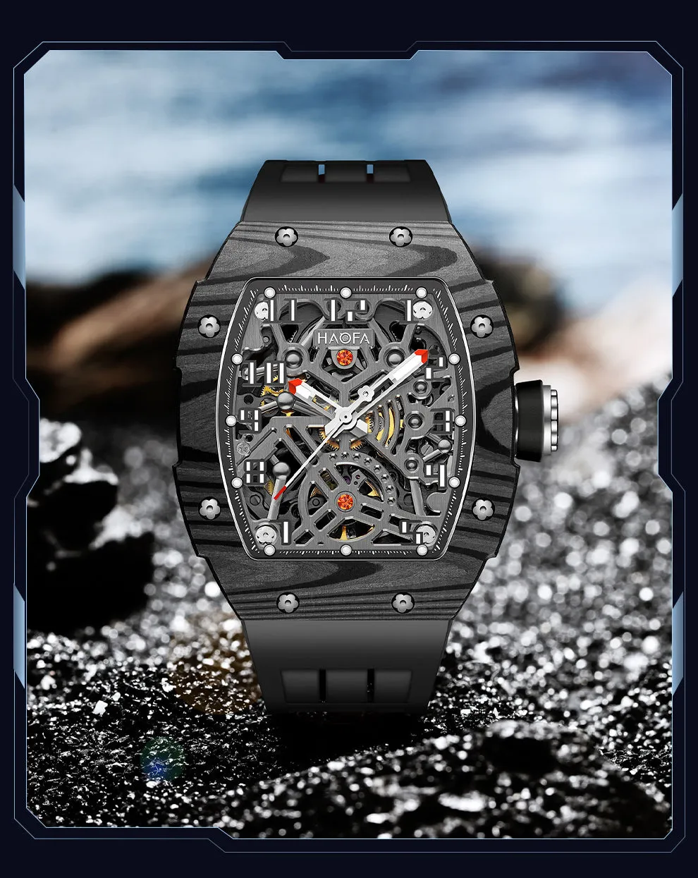 Haofa Automatic Mechanical Men Skeleton Sapphire Waterproof Luxury Carbon Fiber Luminous Watch 1923