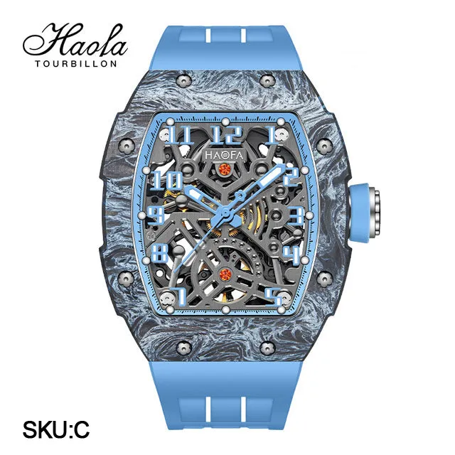 Haofa Automatic Mechanical Men Skeleton Sapphire Waterproof Luxury Carbon Fiber Luminous Watch 1923