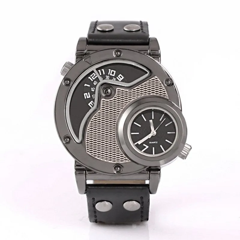 Hot Sale Fashion Luxury OULM Russian Army Military Dual Time Leather Band Mens Quartz Wrist Watch