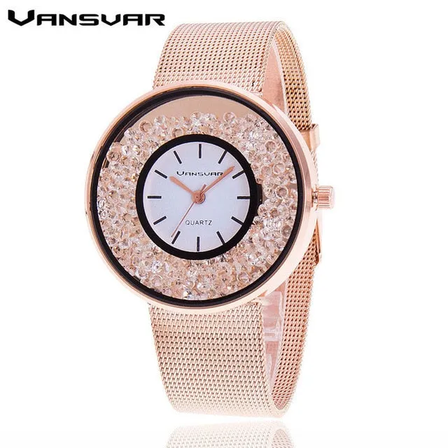 Hot Sale Fashion Stainless Steel Rose Gold & Silver Band Quartz Watch Luxury Women Rhinestone Watches Valentine Gift