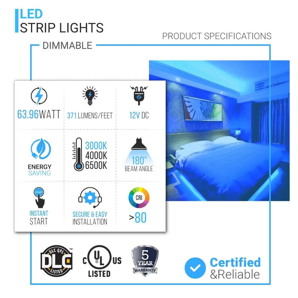 LED Strip Lights, IP20, 16.4ft, Dimmable, 12V, SMD 2835, 120 leds/Meter, UL, RoHS Listed, 371 lm/ft with 72W Power Supply & Wireless Dimming Remote