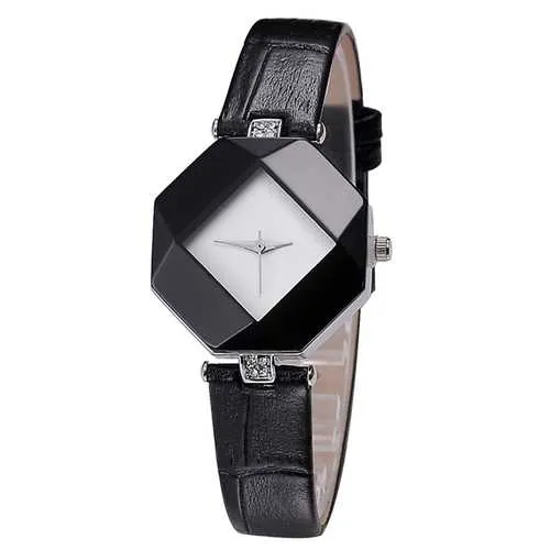 Luxury Polygon Case Dress Wristwatch Leather Ladies Women Quartz Watch