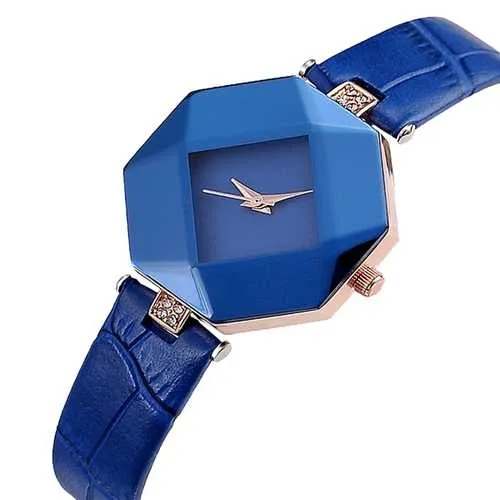 Luxury Polygon Case Dress Wristwatch Leather Ladies Women Quartz Watch