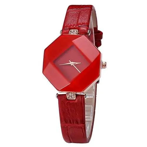 Luxury Polygon Case Dress Wristwatch Leather Ladies Women Quartz Watch