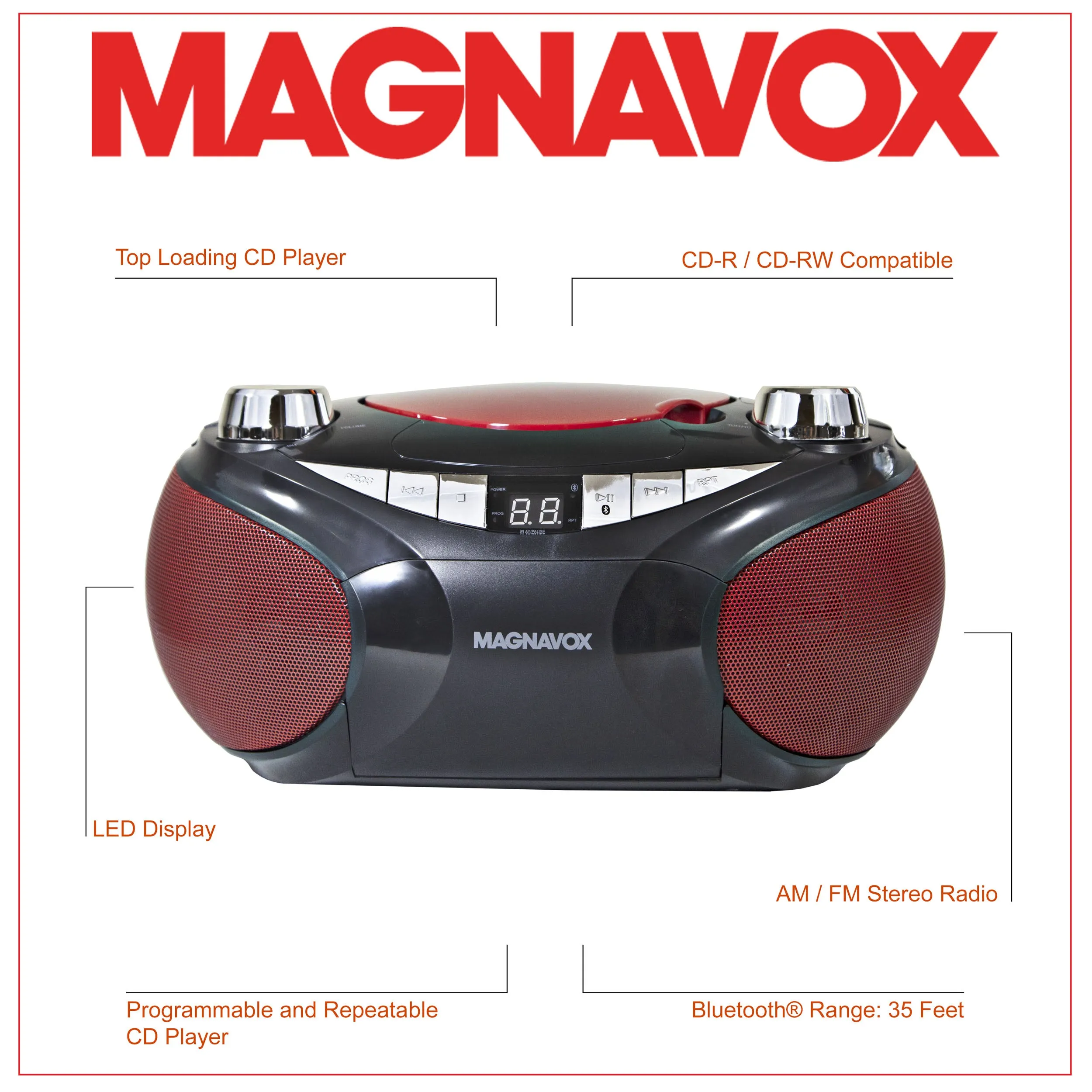 Magnavox MD6949 Portable CD Boombox with AM/FM Radio and Bluetooth in Red and Black