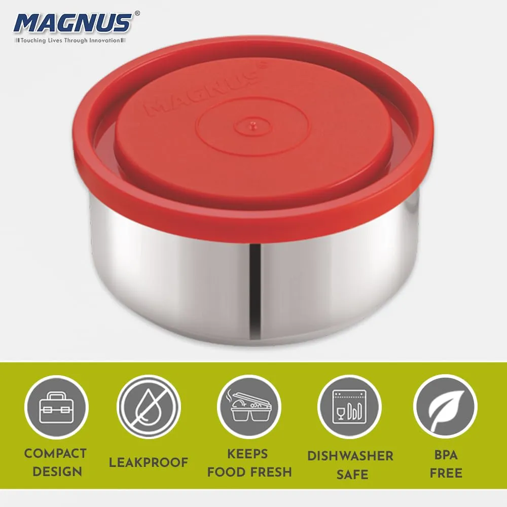 Magnus Fancy 3 Steel Lunch Box Set with Leak-Proof Containers, 3 Compartments, Washable Cover, Stylish Carry Bag - Perfect Lunch Box for Kids and Lunch Boxes for Office Men, Safe Design (Red)