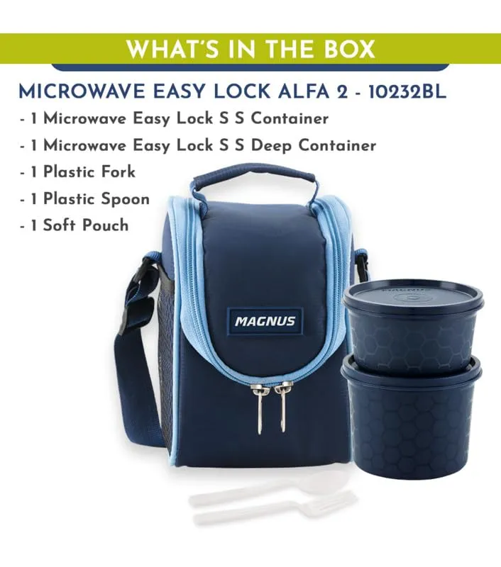 Magnus Microwave Easy Lock Alfa-2 Stainless Steel Lunch Box Set with Leak-Proof Containers & Insulated Bag - Air-Tight Design, Perfect Lunch Boxes for Office Men, Lunch Box for Kids (Blue)