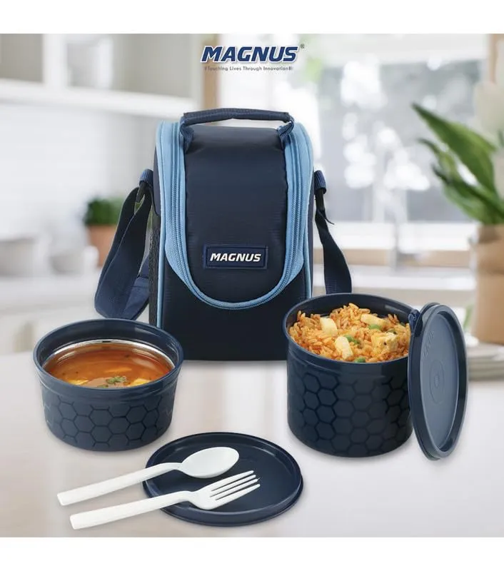 Magnus Microwave Easy Lock Alfa-2 Stainless Steel Lunch Box Set with Leak-Proof Containers & Insulated Bag - Air-Tight Design, Perfect Lunch Boxes for Office Men, Lunch Box for Kids (Blue)