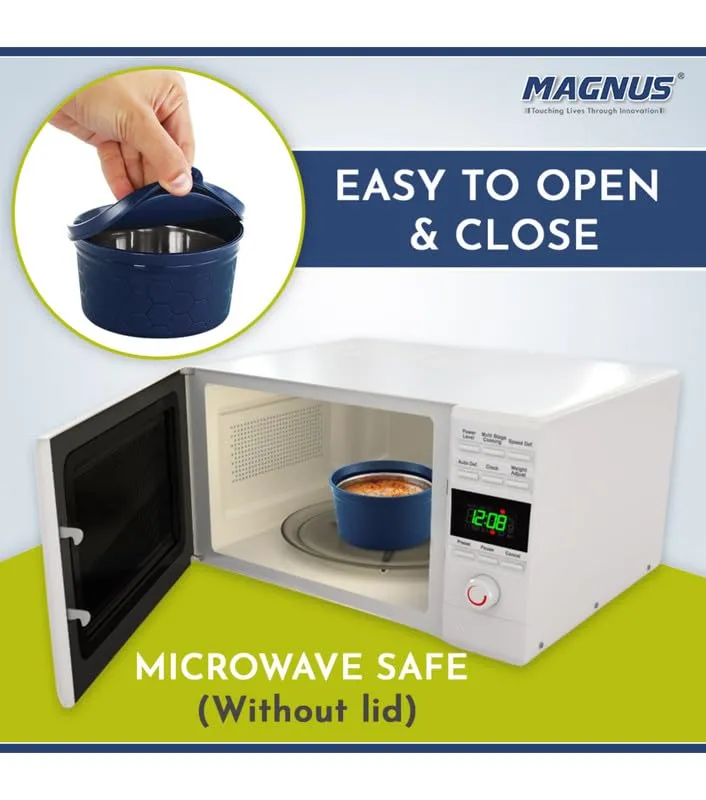 Magnus Microwave Easy Lock Alfa-2 Stainless Steel Lunch Box Set with Leak-Proof Containers & Insulated Bag - Air-Tight Design, Perfect Lunch Boxes for Office Men, Lunch Box for Kids (Blue)