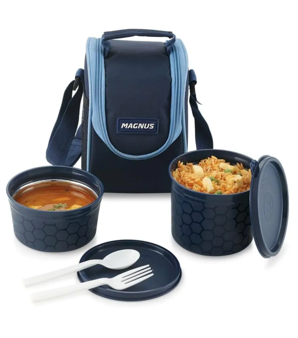 Magnus Microwave Easy Lock Alfa-2 Stainless Steel Lunch Box Set with Leak-Proof Containers & Insulated Bag - Air-Tight Design, Perfect Lunch Boxes for Office Men, Lunch Box for Kids (Blue)