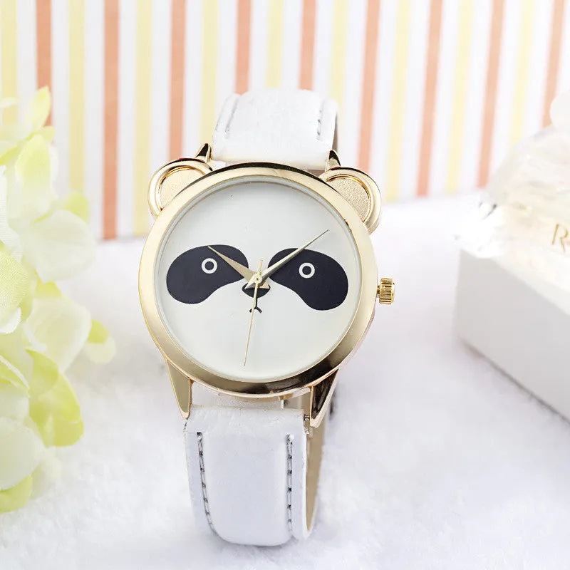 Mance-X Fashion Neutral Diamond Lovely Cute Cat Face Faux Leather cartoon Quartz Watch Women Dress Wrist Watch