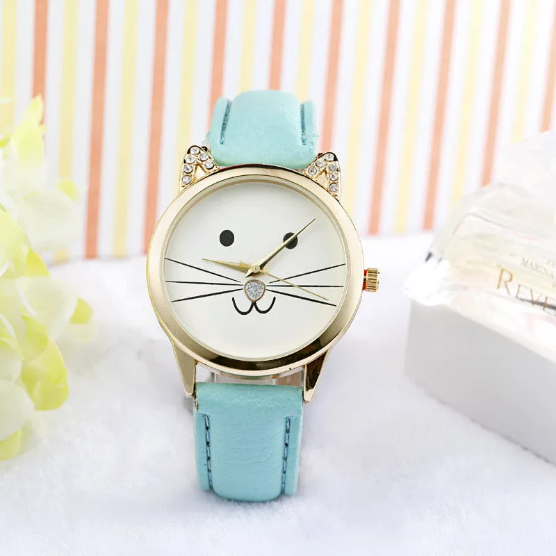 Mance-X Fashion Neutral Diamond Lovely Cute Cat Face Faux Leather cartoon Quartz Watch Women Dress Wrist Watch