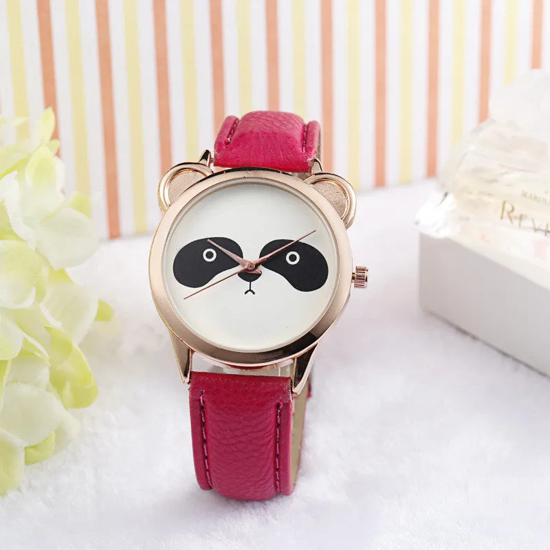 Mance-X Fashion Neutral Diamond Lovely Cute Cat Face Faux Leather cartoon Quartz Watch Women Dress Wrist Watch