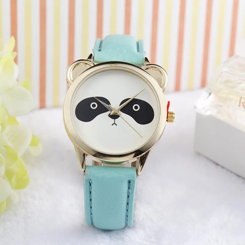 Mance-X Fashion Neutral Diamond Lovely Cute Cat Face Faux Leather cartoon Quartz Watch Women Dress Wrist Watch