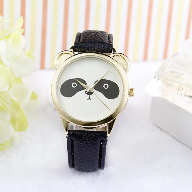 Mance-X Fashion Neutral Diamond Lovely Cute Cat Face Faux Leather cartoon Quartz Watch Women Dress Wrist Watch