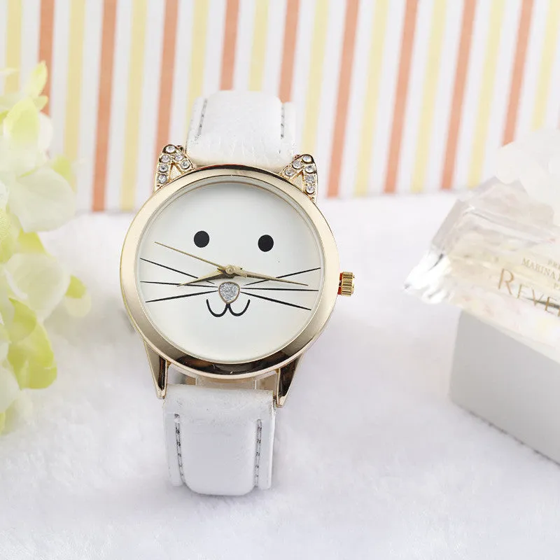 Mance-X Fashion Neutral Diamond Lovely Cute Cat Face Faux Leather cartoon Quartz Watch Women Dress Wrist Watch