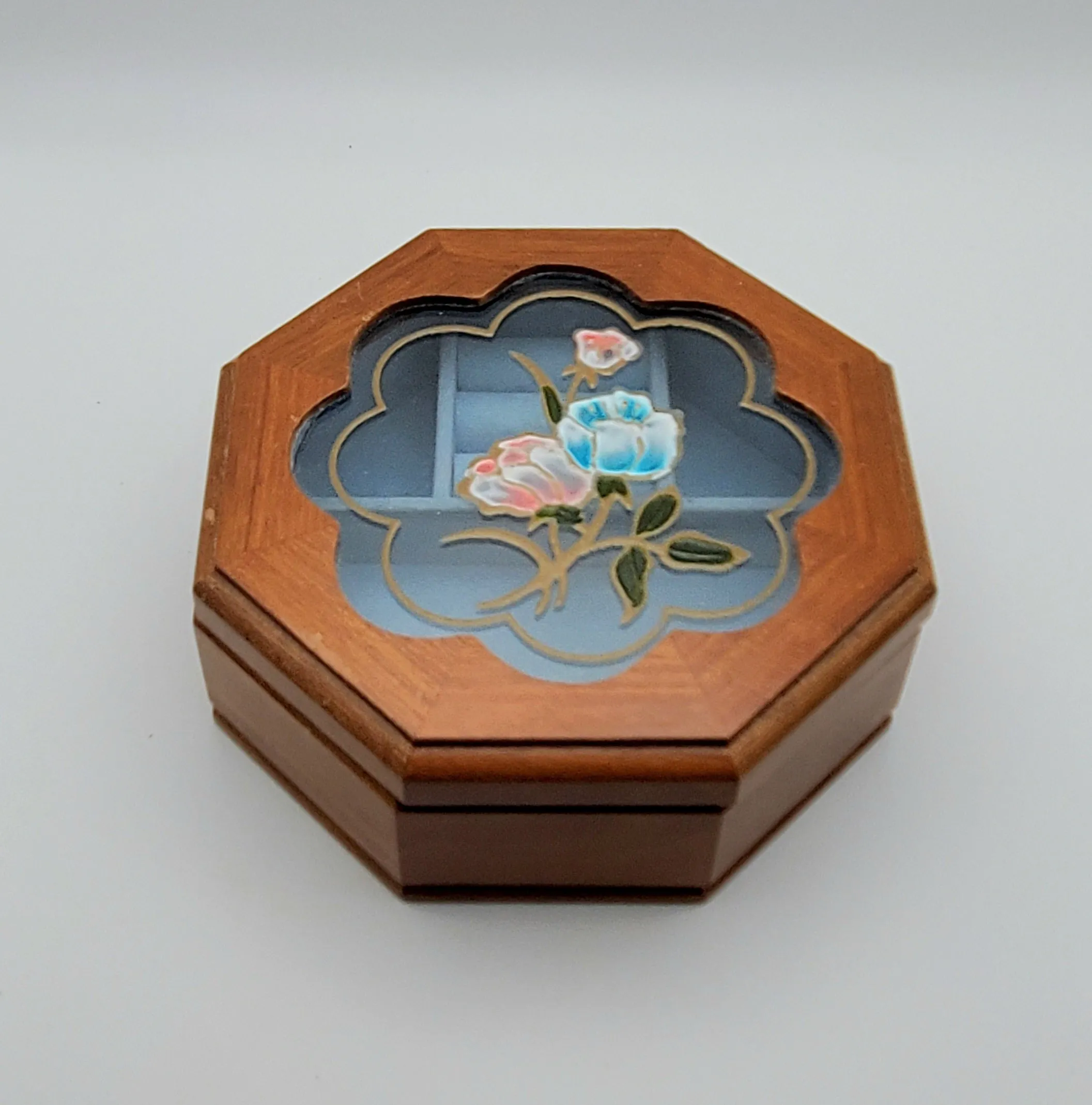 Mele - Vintage Wood and Glass Octagonal Jewelry Box