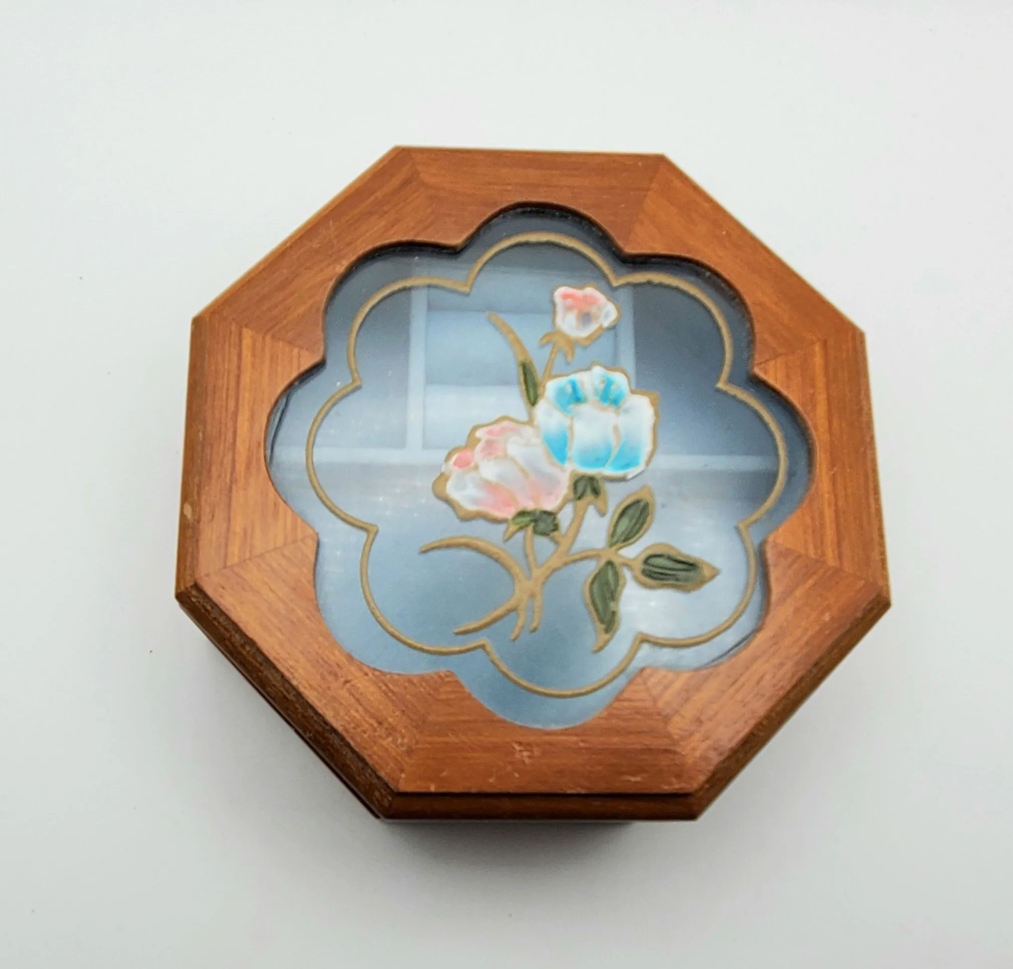 Mele - Vintage Wood and Glass Octagonal Jewelry Box