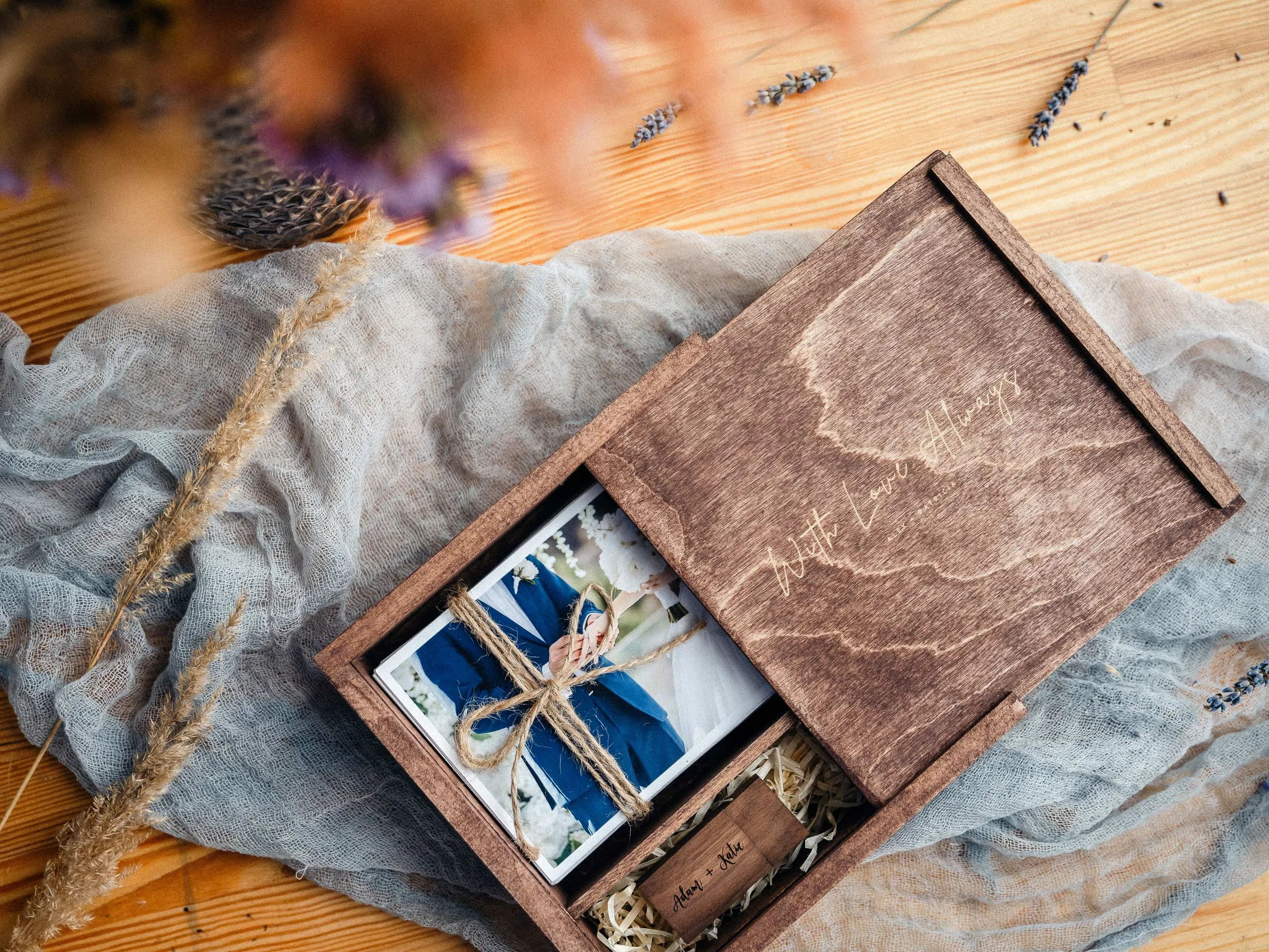 Memory Wooden Wedding Photo Box with Optional USB Drive