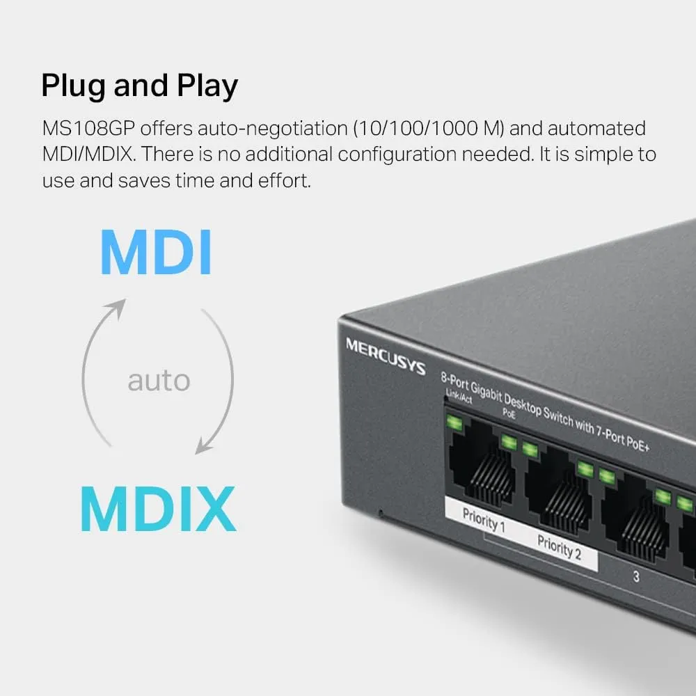 Mercusys (MS108GP) 8-Port Gigabit Desktop Switch with 7-Port PoE , Steel Case, Ethernet Switch