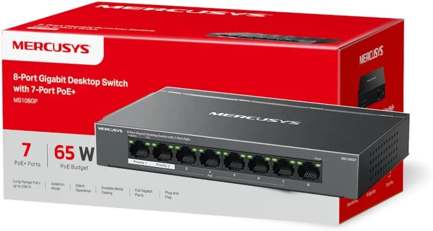 Mercusys (MS108GP) 8-Port Gigabit Desktop Switch with 7-Port PoE , Steel Case, Ethernet Switch