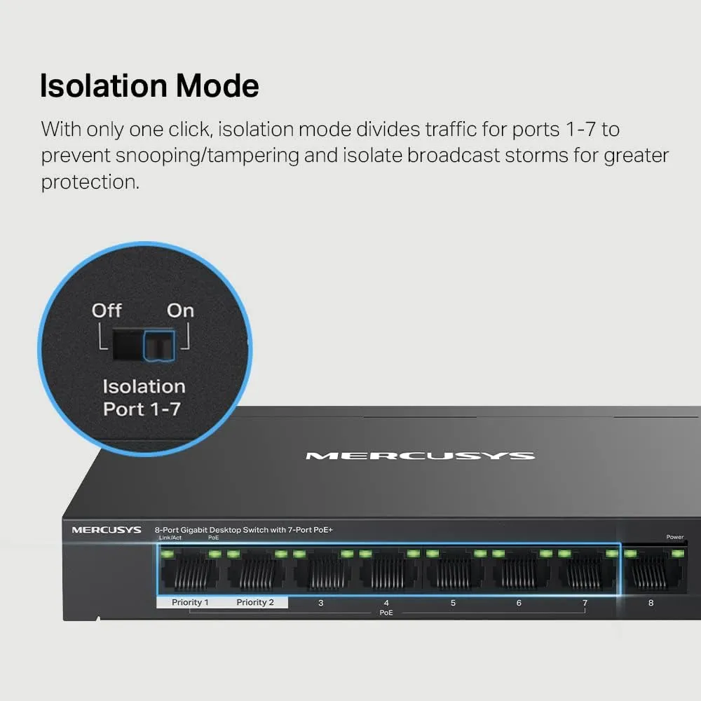 Mercusys (MS108GP) 8-Port Gigabit Desktop Switch with 7-Port PoE , Steel Case, Ethernet Switch