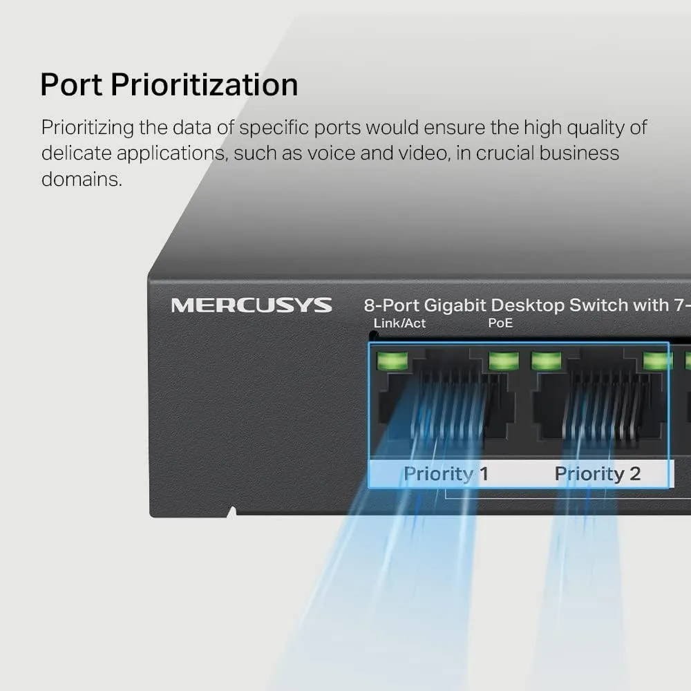 Mercusys (MS108GP) 8-Port Gigabit Desktop Switch with 7-Port PoE , Steel Case, Ethernet Switch