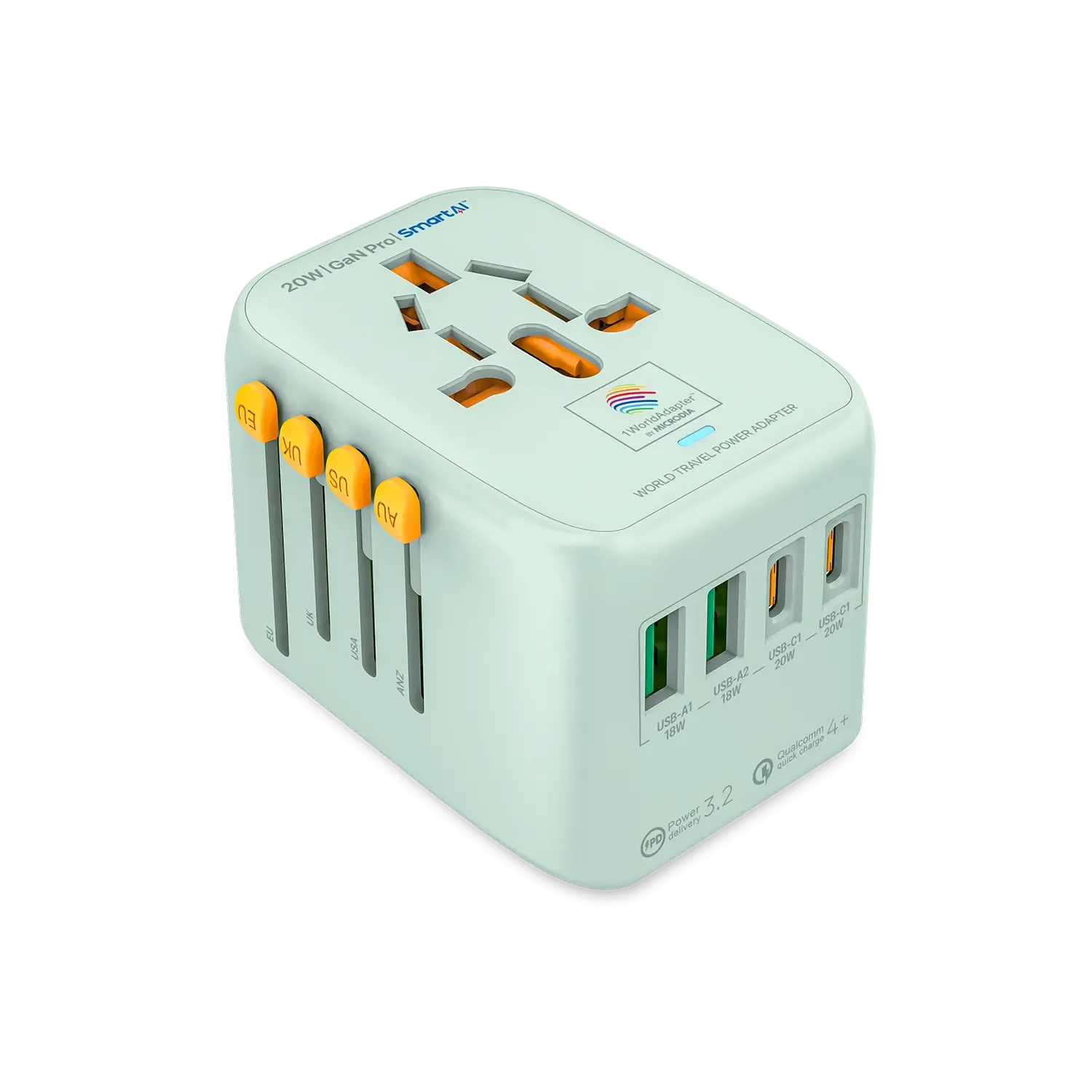 MICRODIA 1WorldAdapter™ PD20W GaN Pro™ with 2 x USB-C PD3.2 & 2x USB-A QC4  PPS Fast Charging