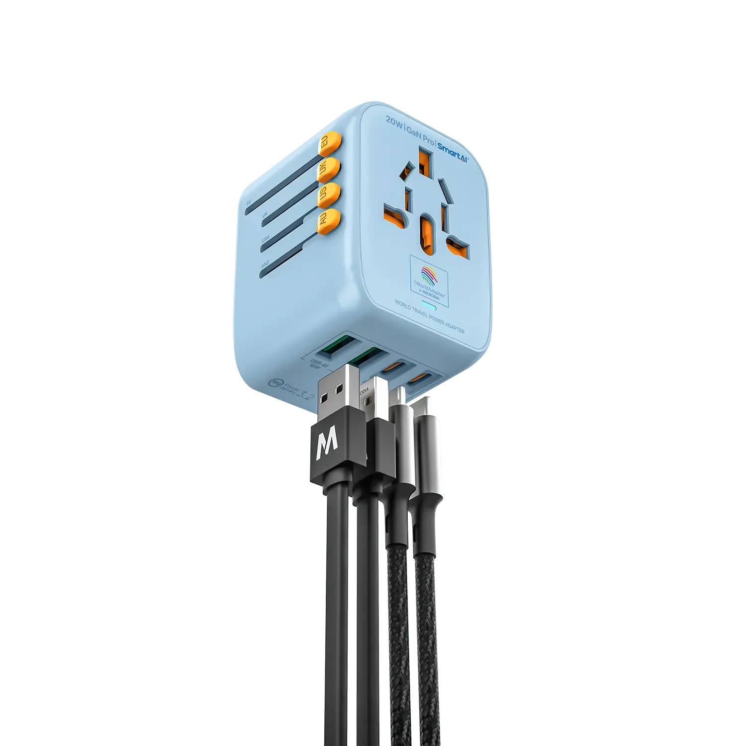 MICRODIA 1WorldAdapter™ PD20W GaN Pro™ with 2 x USB-C PD3.2 & 2x USB-A QC4  PPS Fast Charging