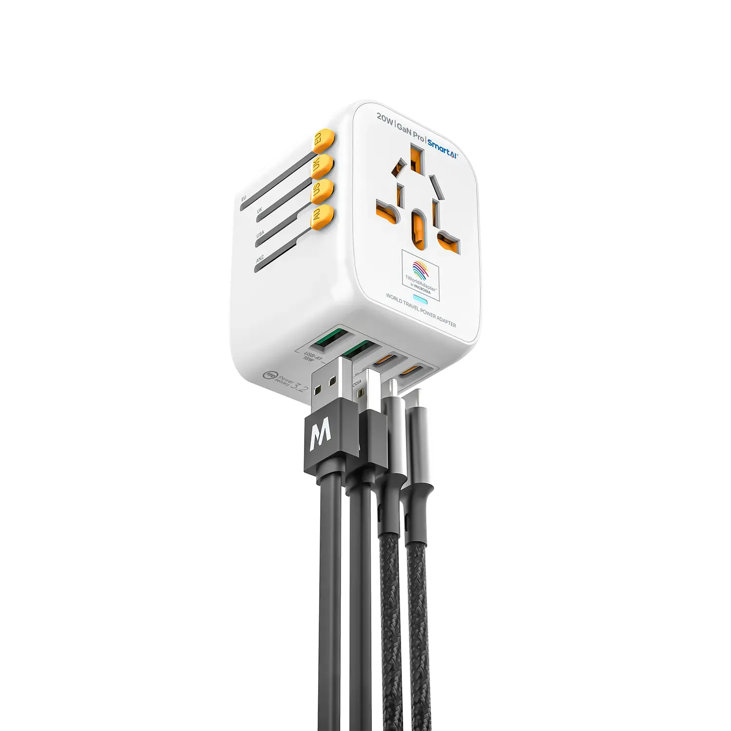 MICRODIA 1WorldAdapter™ PD20W GaN Pro™ with 2 x USB-C PD3.2 & 2x USB-A QC4  PPS Fast Charging