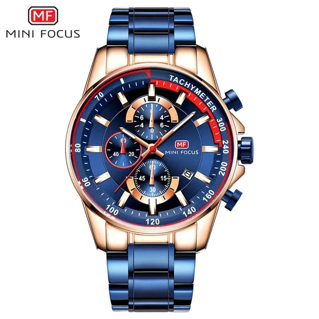 MINI FOCUS 2019 Fashion Blue Watch Men Quartz Clock Metal Strap Multifunction Calendar Sports Mens Watches Top Brand Luxury