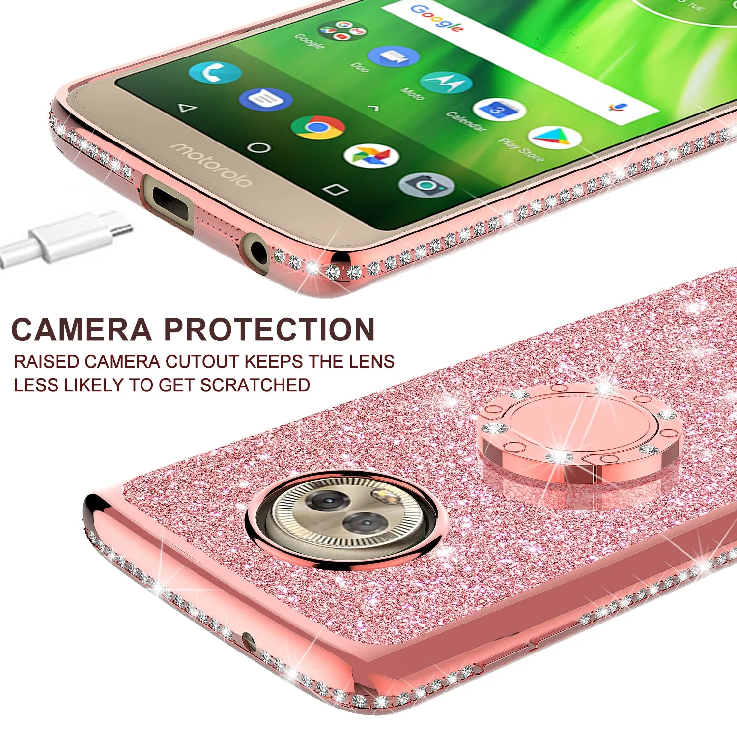 Motorola Moto G6 Plus Case, Glitter Cute Phone Case Girls with Kickstand,Bling Diamond Rhinestone Bumper Ring Stand Sparkly Luxury Clear Thin Soft Protective Motorola Moto G6 Plus Case for Girl Women - Rose Gold