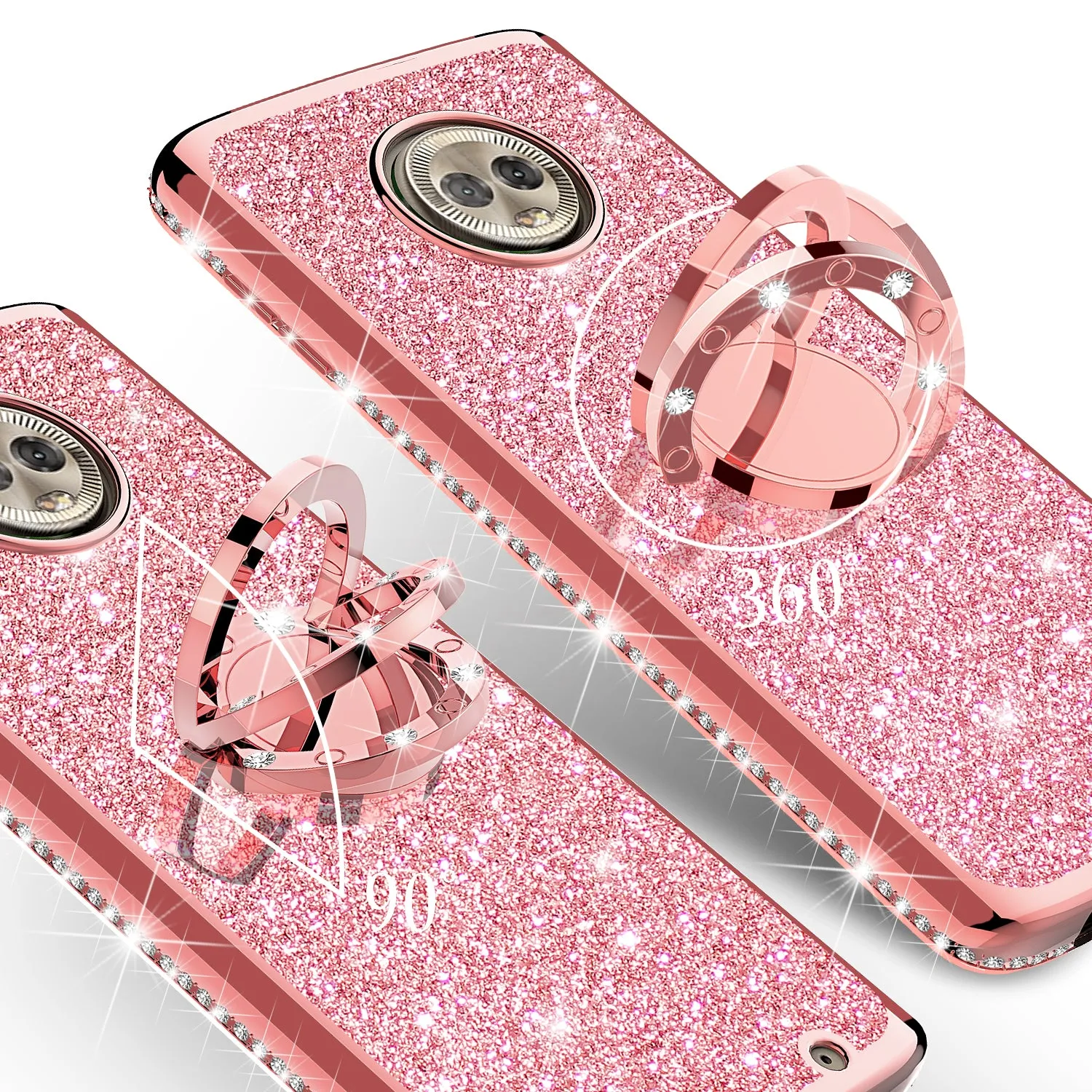 Motorola Moto G6 Plus Case, Glitter Cute Phone Case Girls with Kickstand,Bling Diamond Rhinestone Bumper Ring Stand Sparkly Luxury Clear Thin Soft Protective Motorola Moto G6 Plus Case for Girl Women - Rose Gold