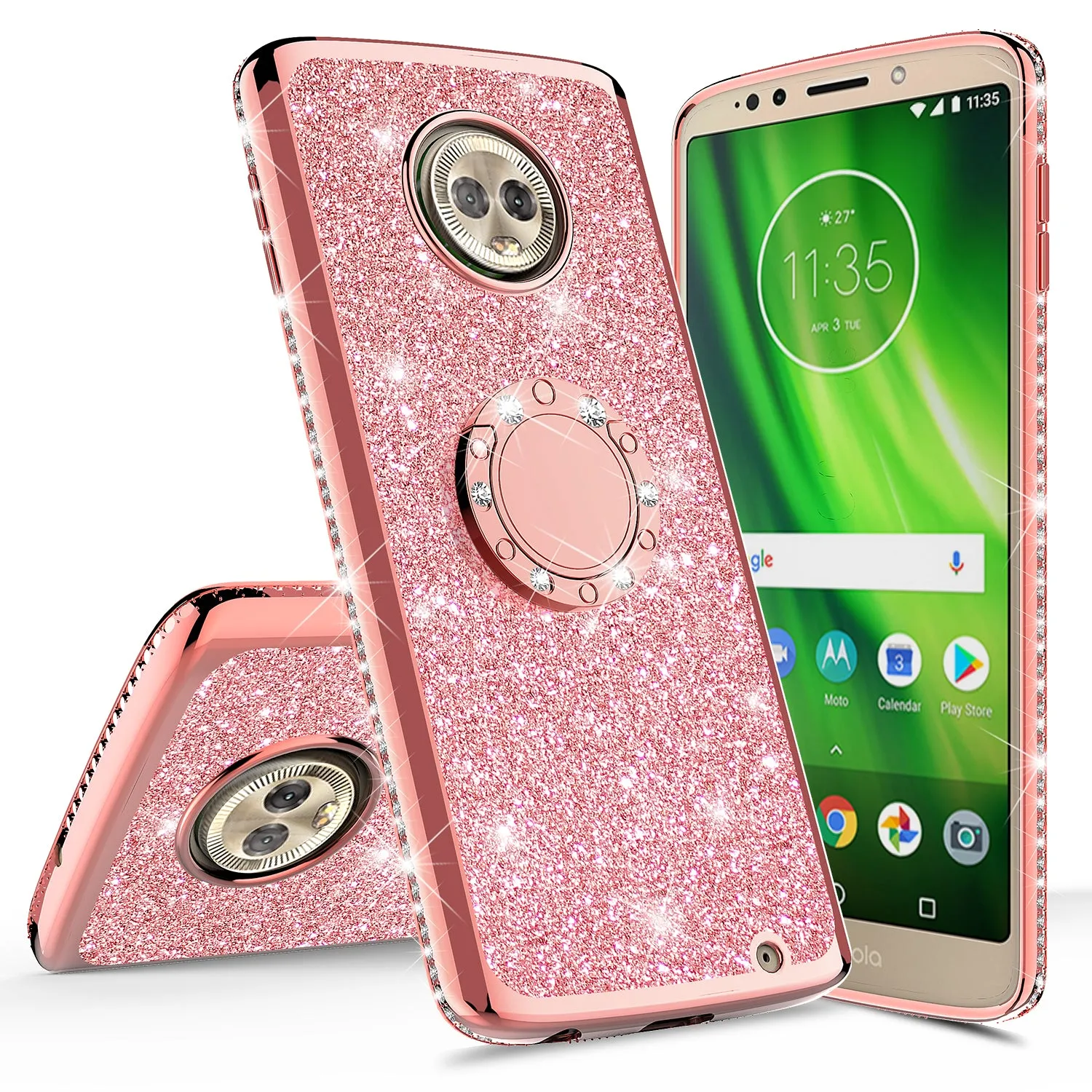 Motorola Moto G6 Plus Case, Glitter Cute Phone Case Girls with Kickstand,Bling Diamond Rhinestone Bumper Ring Stand Sparkly Luxury Clear Thin Soft Protective Motorola Moto G6 Plus Case for Girl Women - Rose Gold