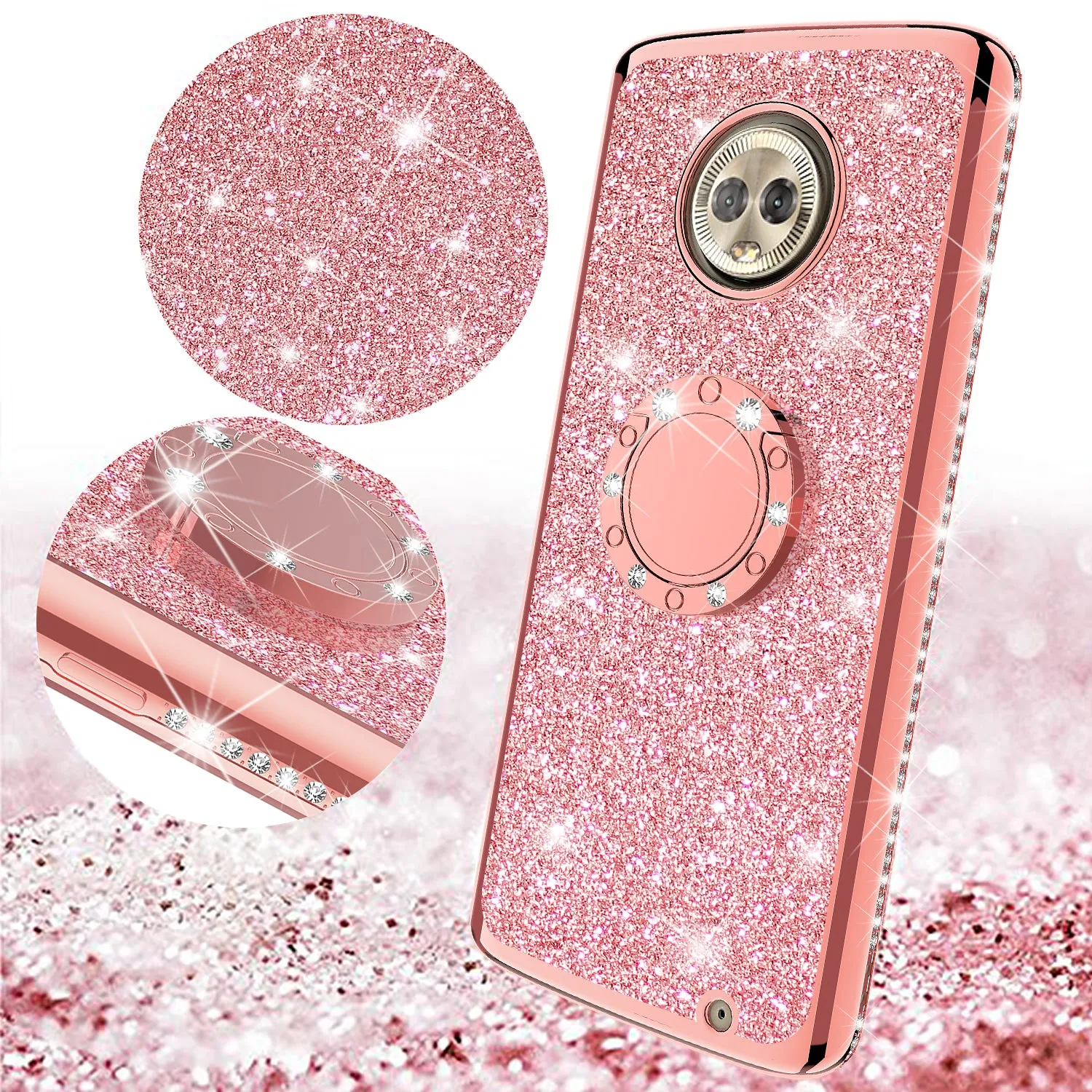 Motorola Moto G6 Plus Case, Glitter Cute Phone Case Girls with Kickstand,Bling Diamond Rhinestone Bumper Ring Stand Sparkly Luxury Clear Thin Soft Protective Motorola Moto G6 Plus Case for Girl Women - Rose Gold