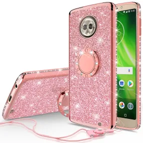 Motorola Moto G6 Plus Case, Glitter Cute Phone Case Girls with Kickstand,Bling Diamond Rhinestone Bumper Ring Stand Sparkly Luxury Clear Thin Soft Protective Motorola Moto G6 Plus Case for Girl Women - Rose Gold