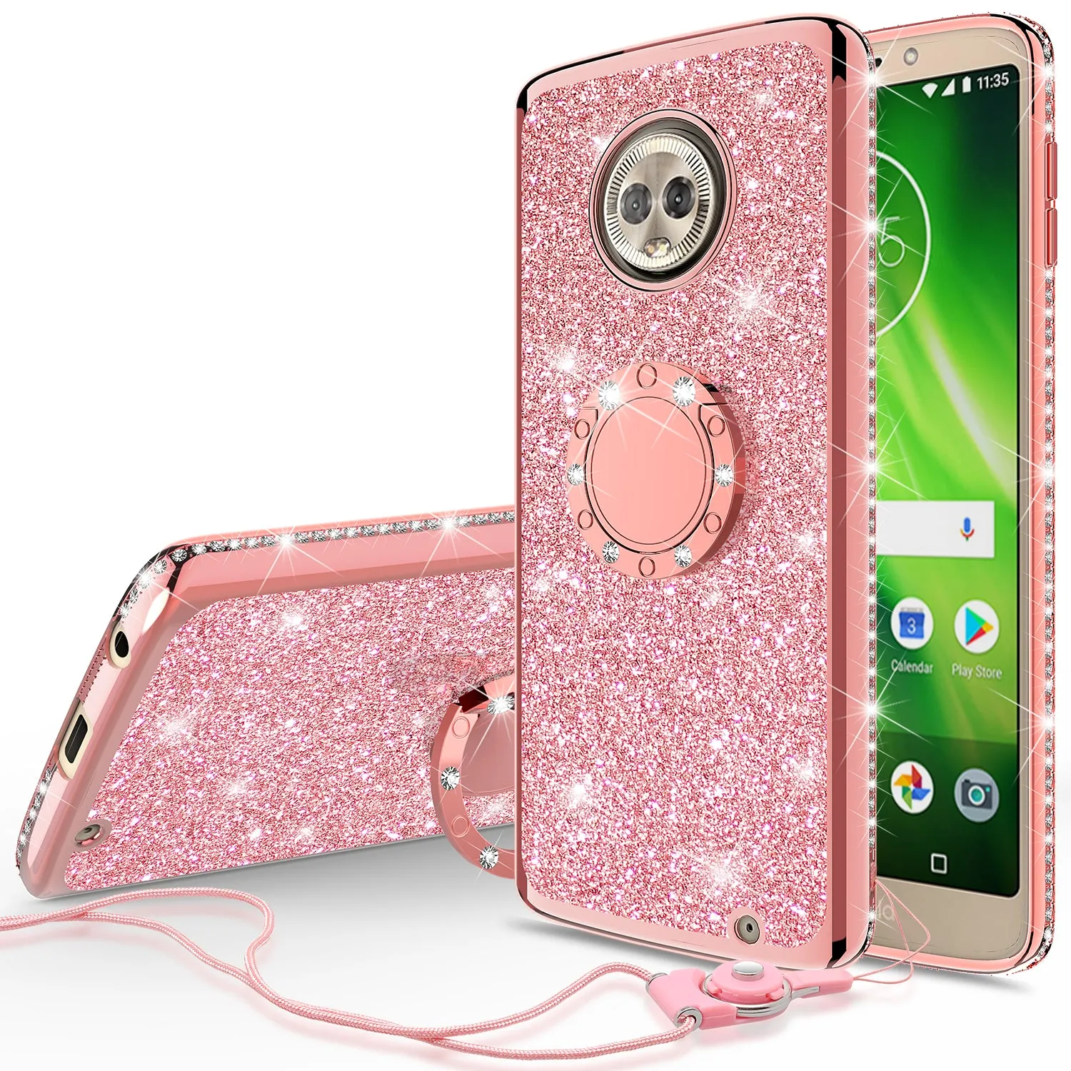 Motorola Moto G6 Plus Case, Glitter Cute Phone Case Girls with Kickstand,Bling Diamond Rhinestone Bumper Ring Stand Sparkly Luxury Clear Thin Soft Protective Motorola Moto G6 Plus Case for Girl Women - Rose Gold