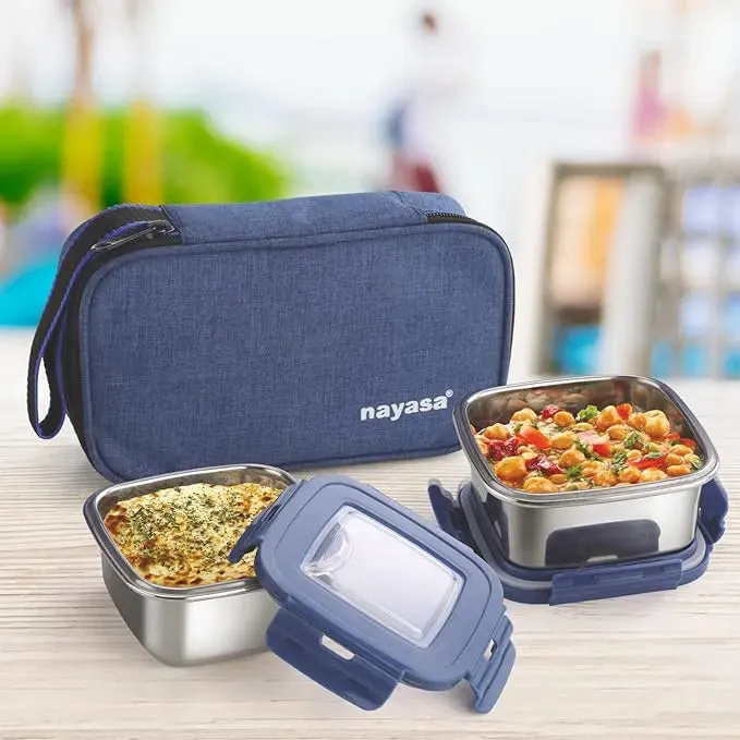 Nayasa Stainless Steel Eco Crunch 2 Containers Lunch Box With Fabric Bag, Blue