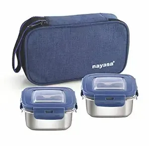 Nayasa Stainless Steel Eco Crunch 2 Containers Lunch Box With Fabric Bag, Blue