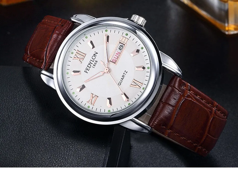 New Luxury Mens Watches Super Soft Leather Clock Men Date Day Calendar Waterproof Quartz Wrist Watches For Men