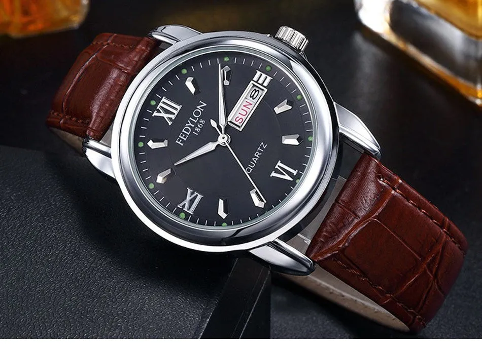 New Luxury Mens Watches Super Soft Leather Clock Men Date Day Calendar Waterproof Quartz Wrist Watches For Men